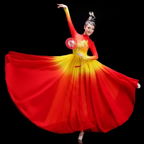 Girls Women Red with gold gradient Chinese Folk Dance Dresses Opening dance choir paso double spanish bull dance performance long swing skirt costumes for woman